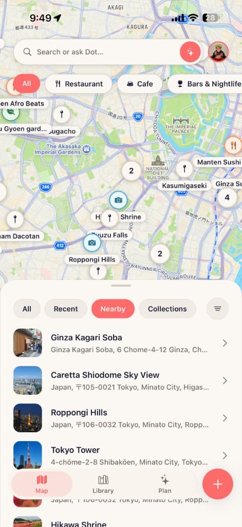 someday mapa sa spremljenim mjestima u Tokiju i listom u blizini