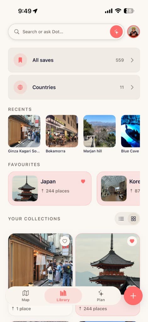 someday library screen showing saved places, favourites, and collections