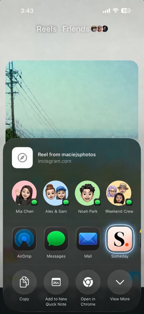 iOS share sheet s označenim someday dok se dijeli Instagram reel